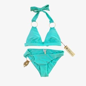 Deadstock Y2k Aqua Halter Bikini Set with Gold Ring Accents!